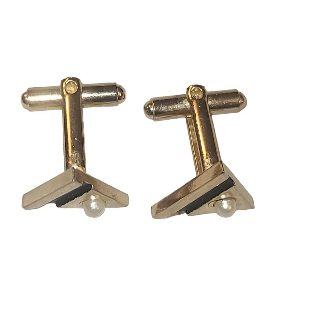 Vintage Gold Tone Faux Pearls‎ Black Enamel Men's Triangle Cufflinks Unsigned